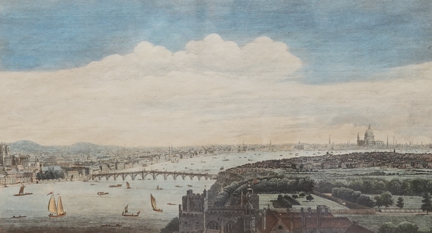 After Boydell, hand coloured engraving, 'A View of London taken off Lambeth Church 1752', 25 x 42cm. Condition - poor